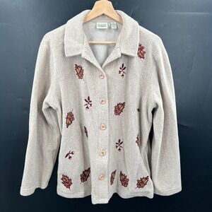 Vintage button front fleece shirt jacket leaf grandmacore shacket cottagecore M